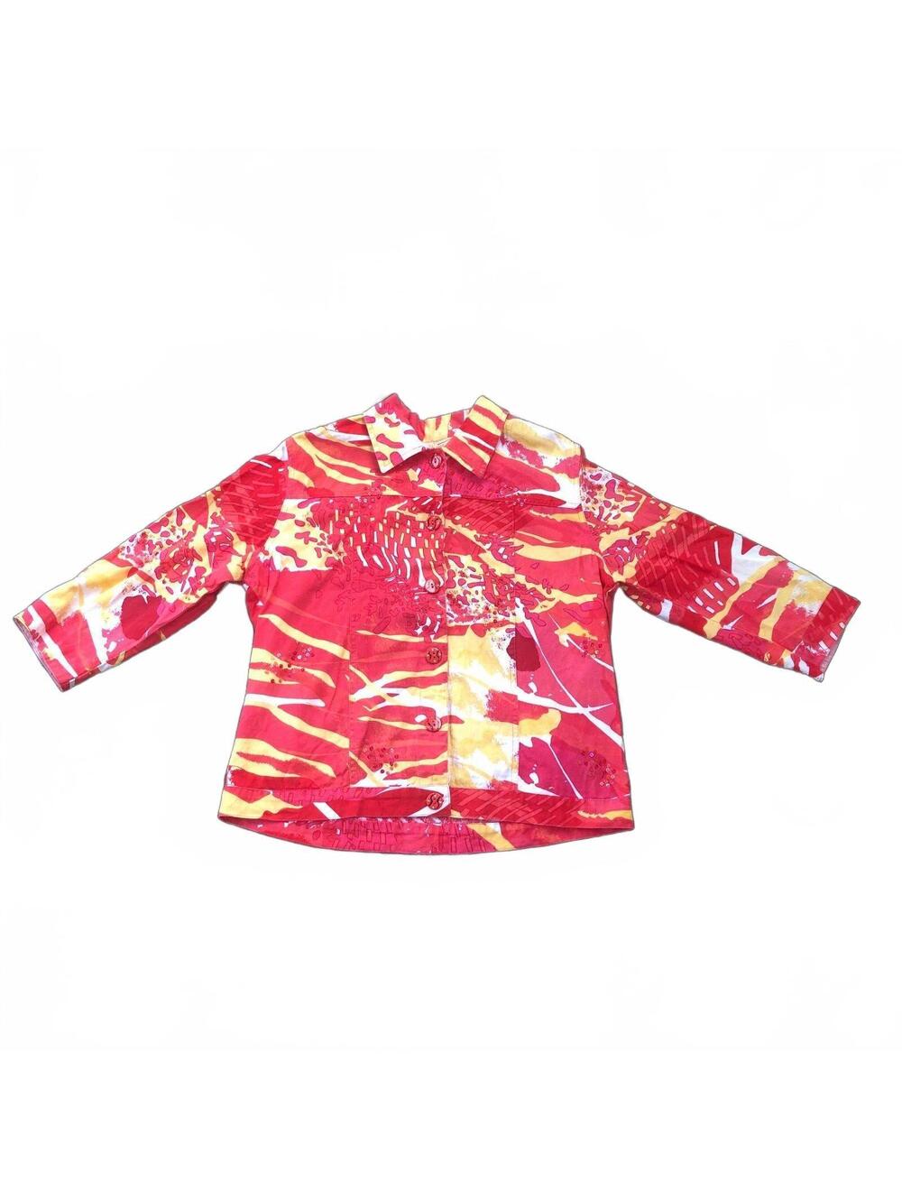 Choices Medium Button-Up Cotton Shirt Jacket with Red and Yellow Print